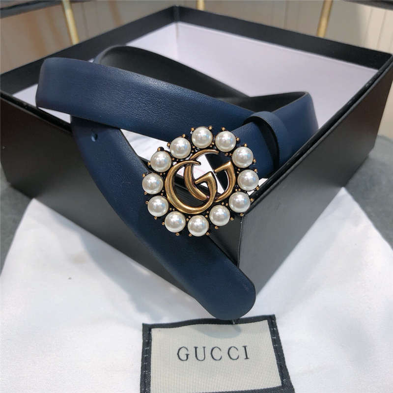 Gucci 模特走秀款 白色珍珠 双G带扣 牛皮皮带腰带