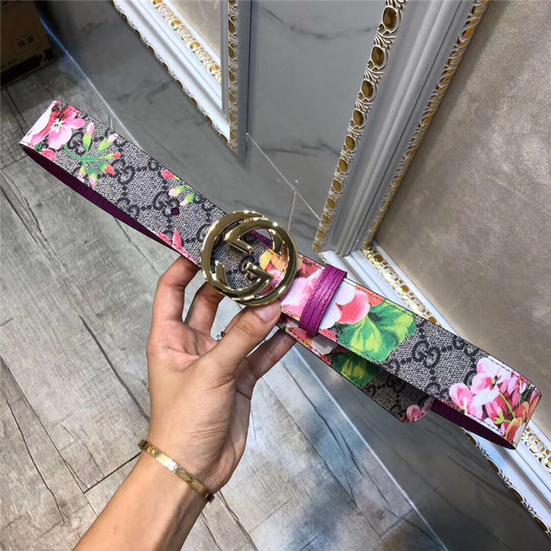 古驰Gucci i2017新品上市 互扣式双G带扣皮带腰带 Blooms天竺蔡印花